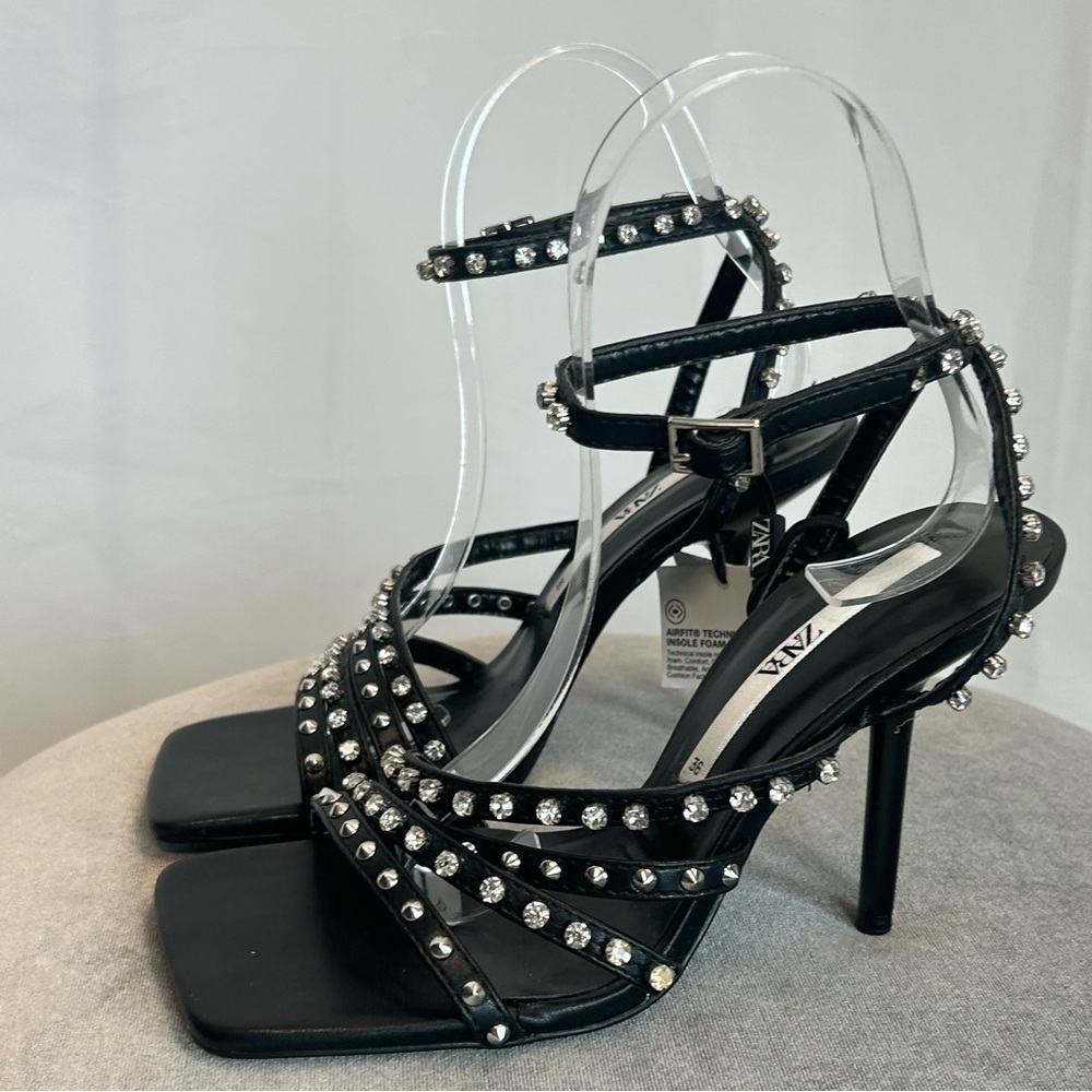 Zara black strappy crystal rhinestone studded embellished sandal high heel Sz 6 - Picture 5 of 12